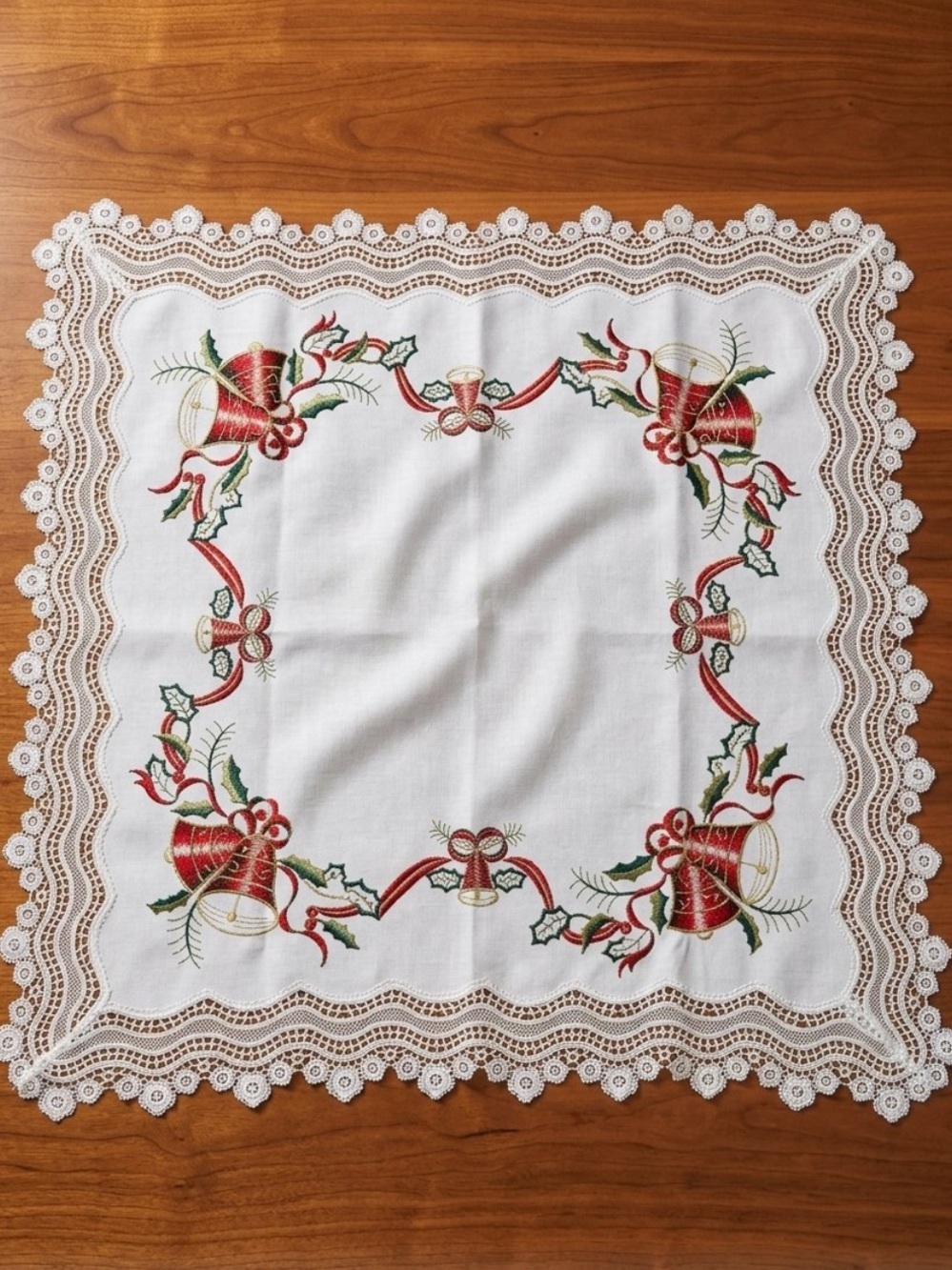 New Holiday Christmas Embroidered Lace Tablecloth 
White Red Green